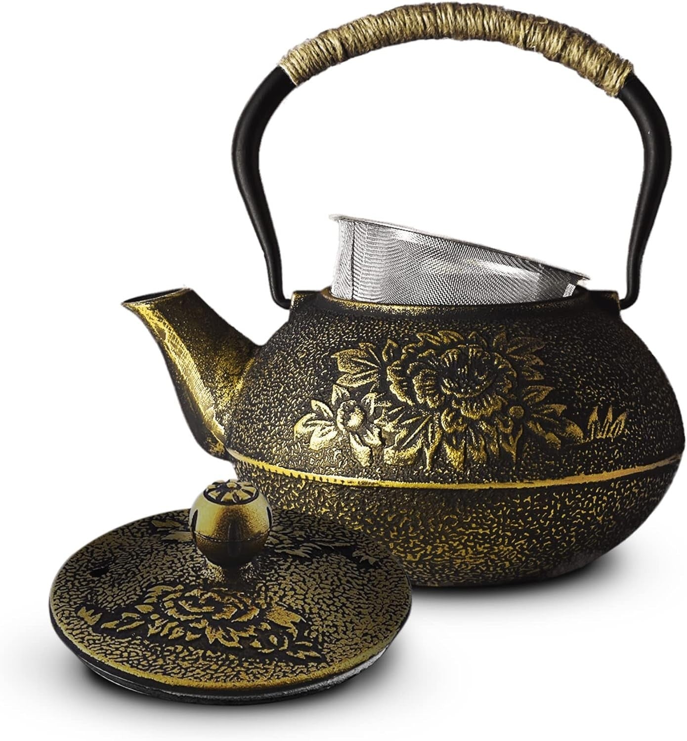 Cast Iron Teapot 1200ml Chinese Tetsubin Tea Pot w Infuser Black Gold