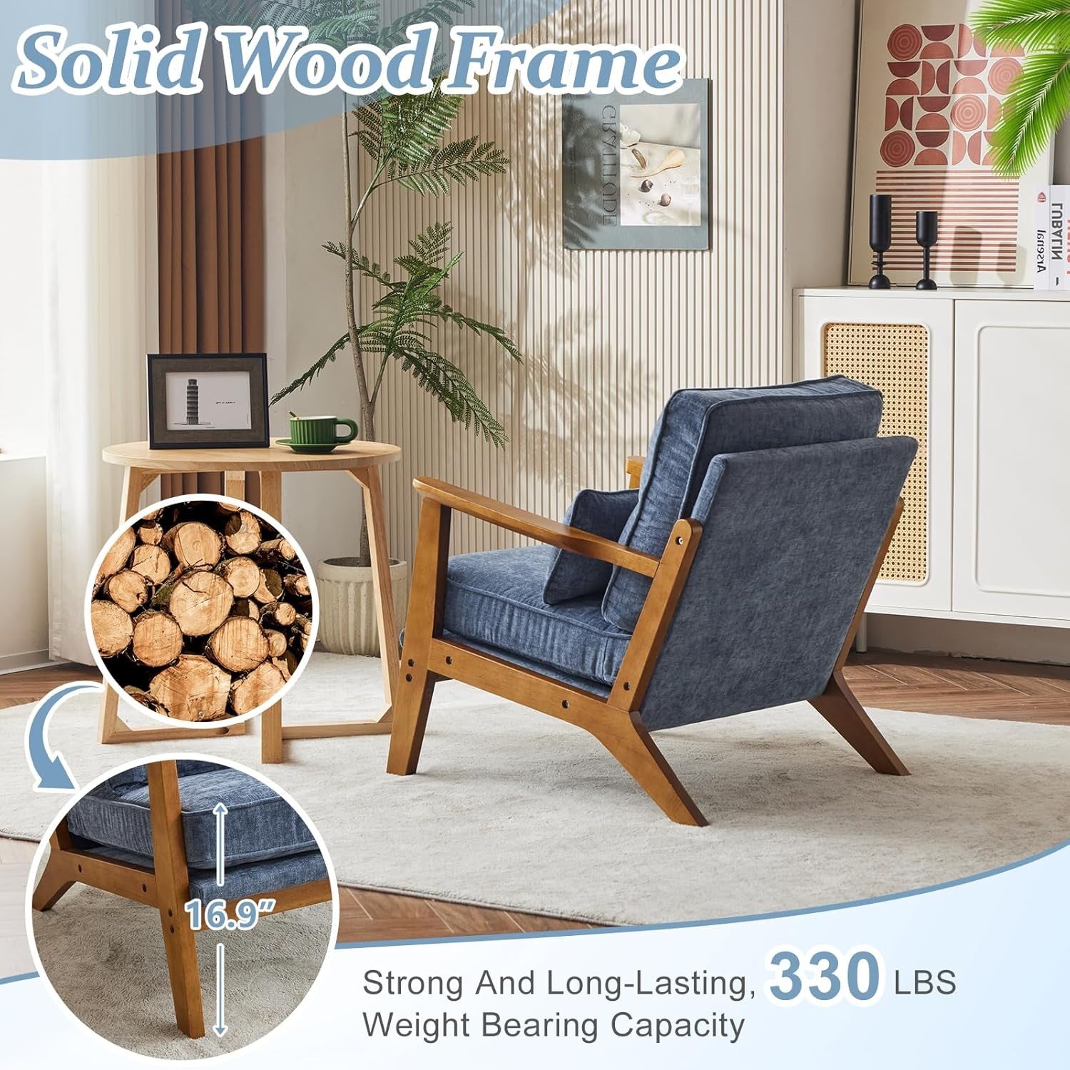 Sea Blue Chenille Accent Chair – Solid Wood Lounge Armchair Wide Arm