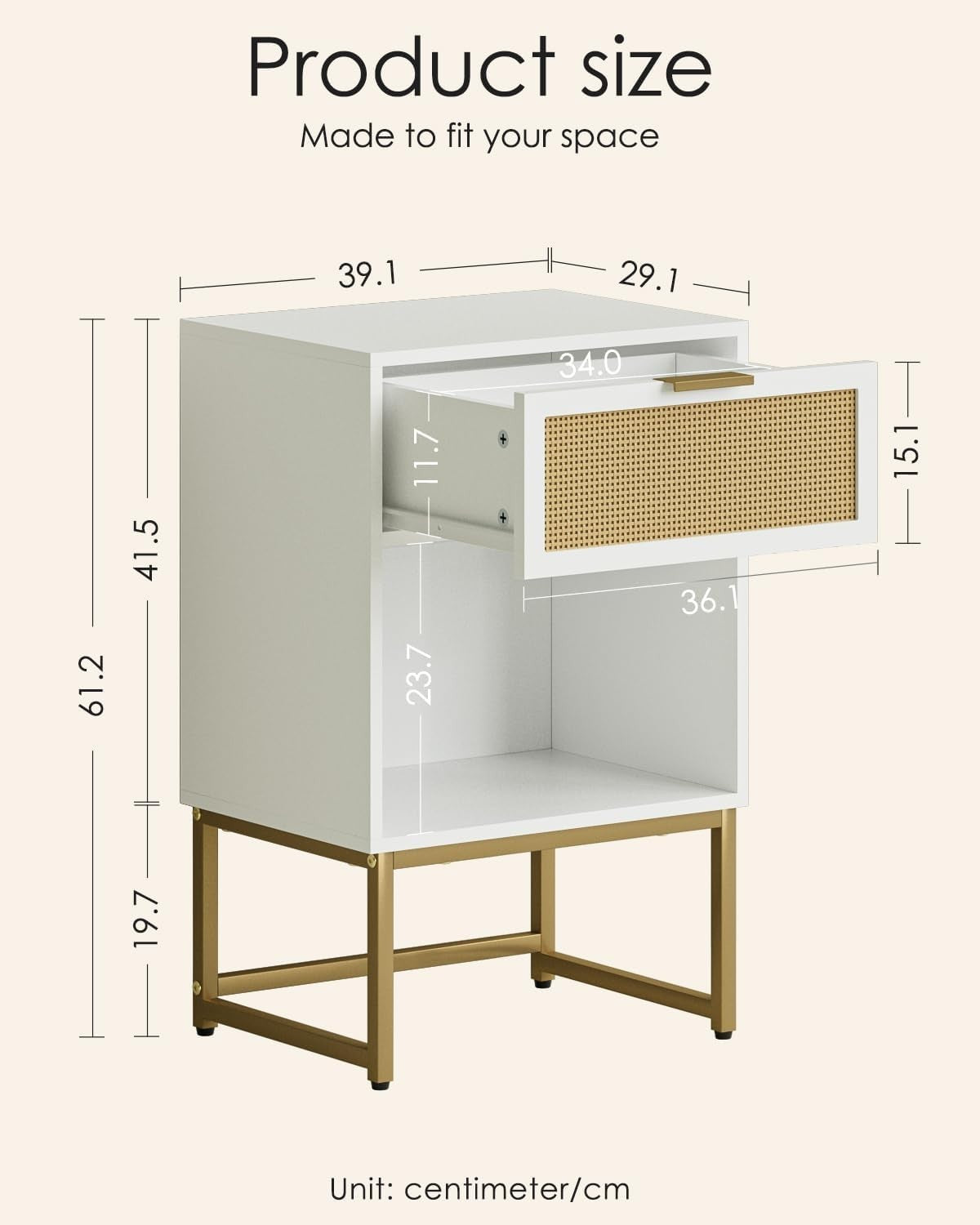 Modern White Rattan Bedside Table with Drawer & Shelf – Gold Metal Legs