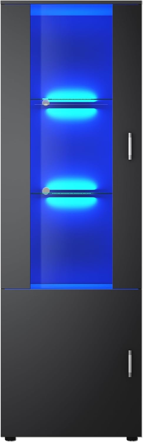 Tall 187cm Black Gloss LED Display Cabinet with Clear Front & Glass Shelves