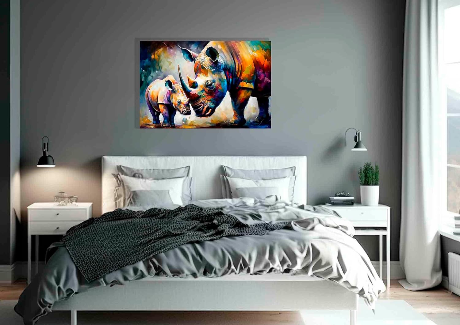 Loving Rhino Mum & Child Canvas Wall Art 40x30cm Abstract Decor