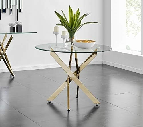 Round Glass Dining Table Modern Gold Metal Frame 98.5cm Stylish Design