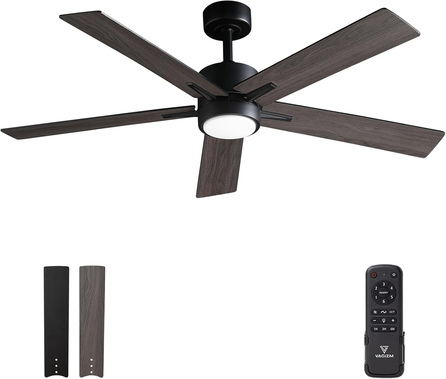 Vagizm 52" Silent Ceiling Fan with Dimmable Light, Remote, 5 Blades, Walnut