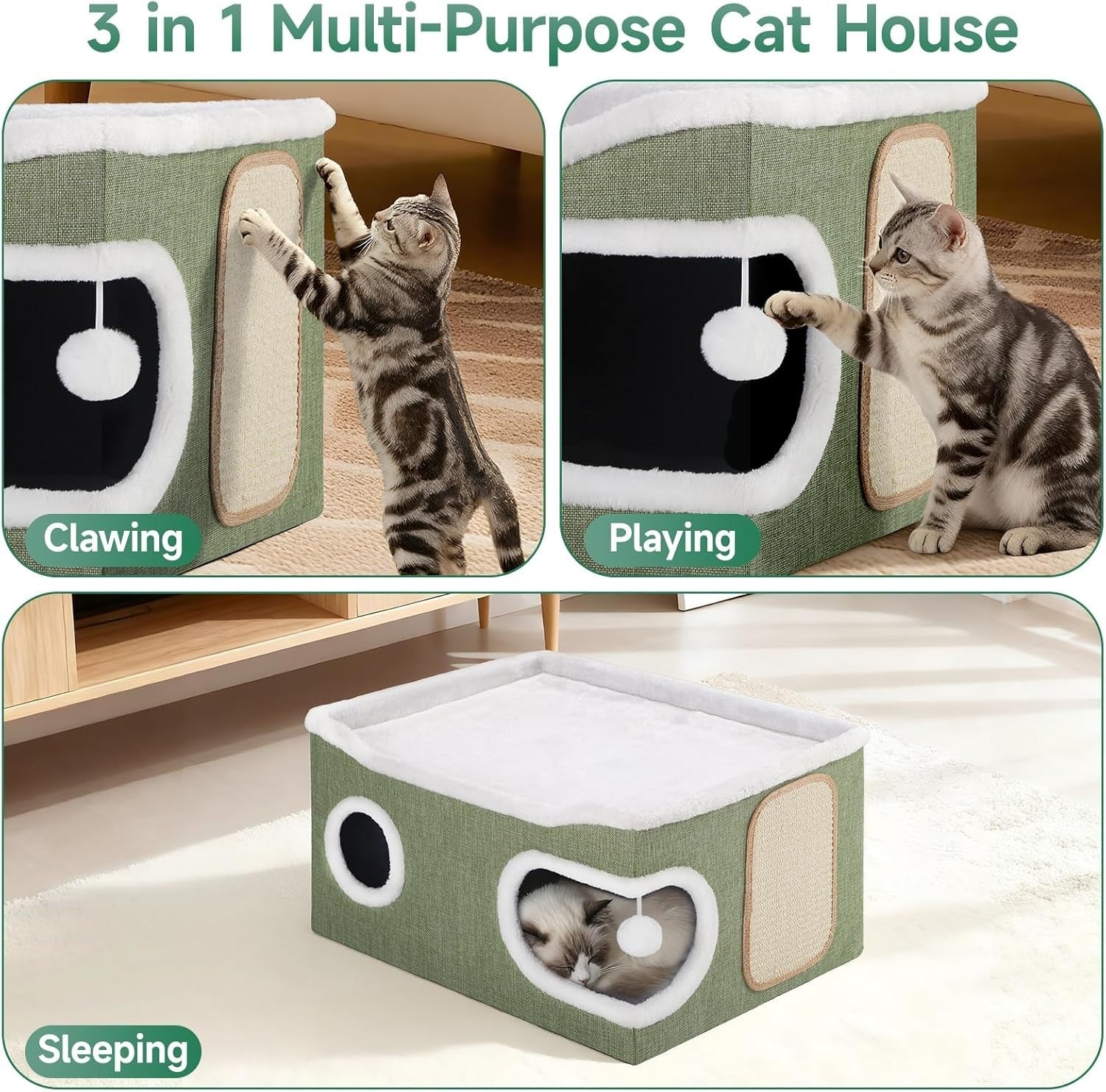 Extra Wide 2 Layer Cat Cube House Foldable Cave w Scratch Board Green