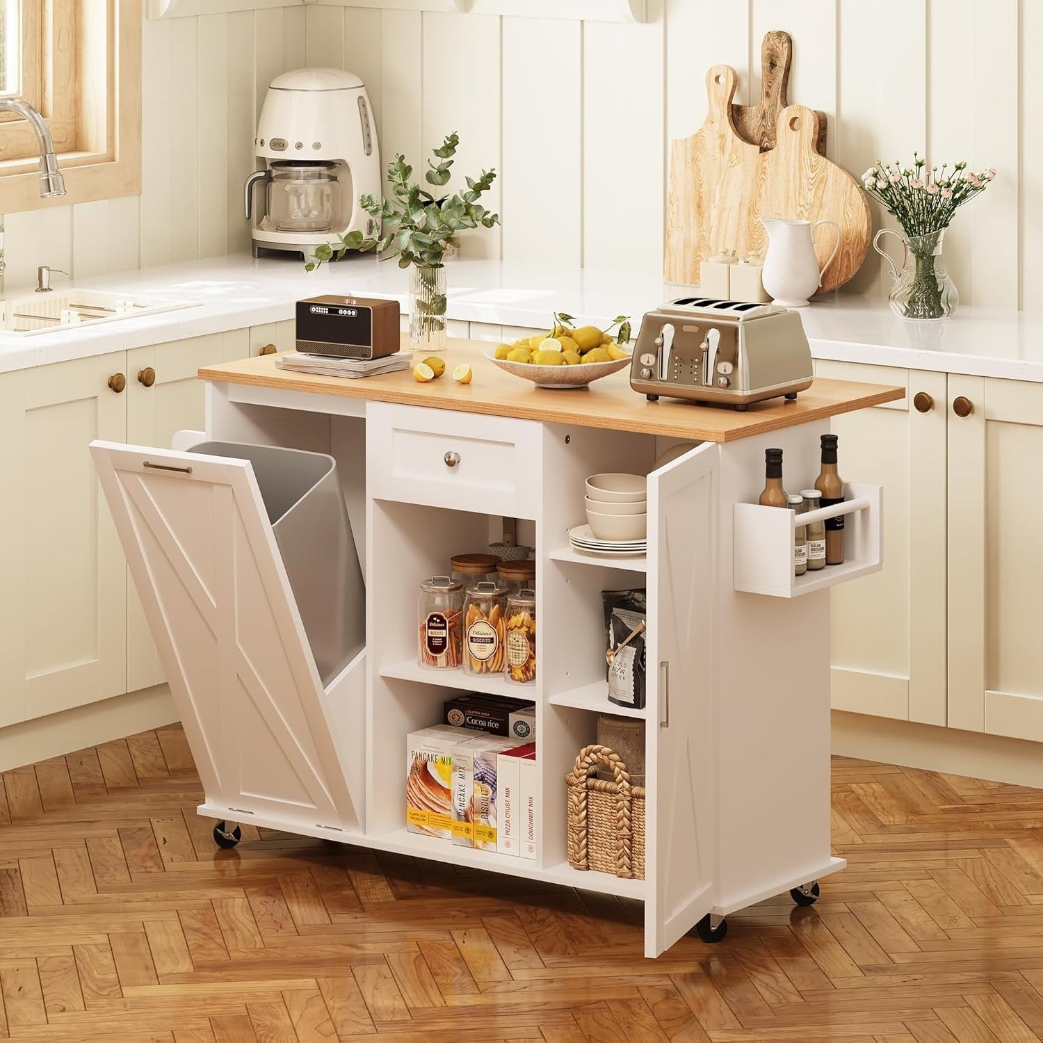 Rolling Kitchen Island Cart with Drop-Leaf, Trash Storage & Spice Rack, 120x40x8