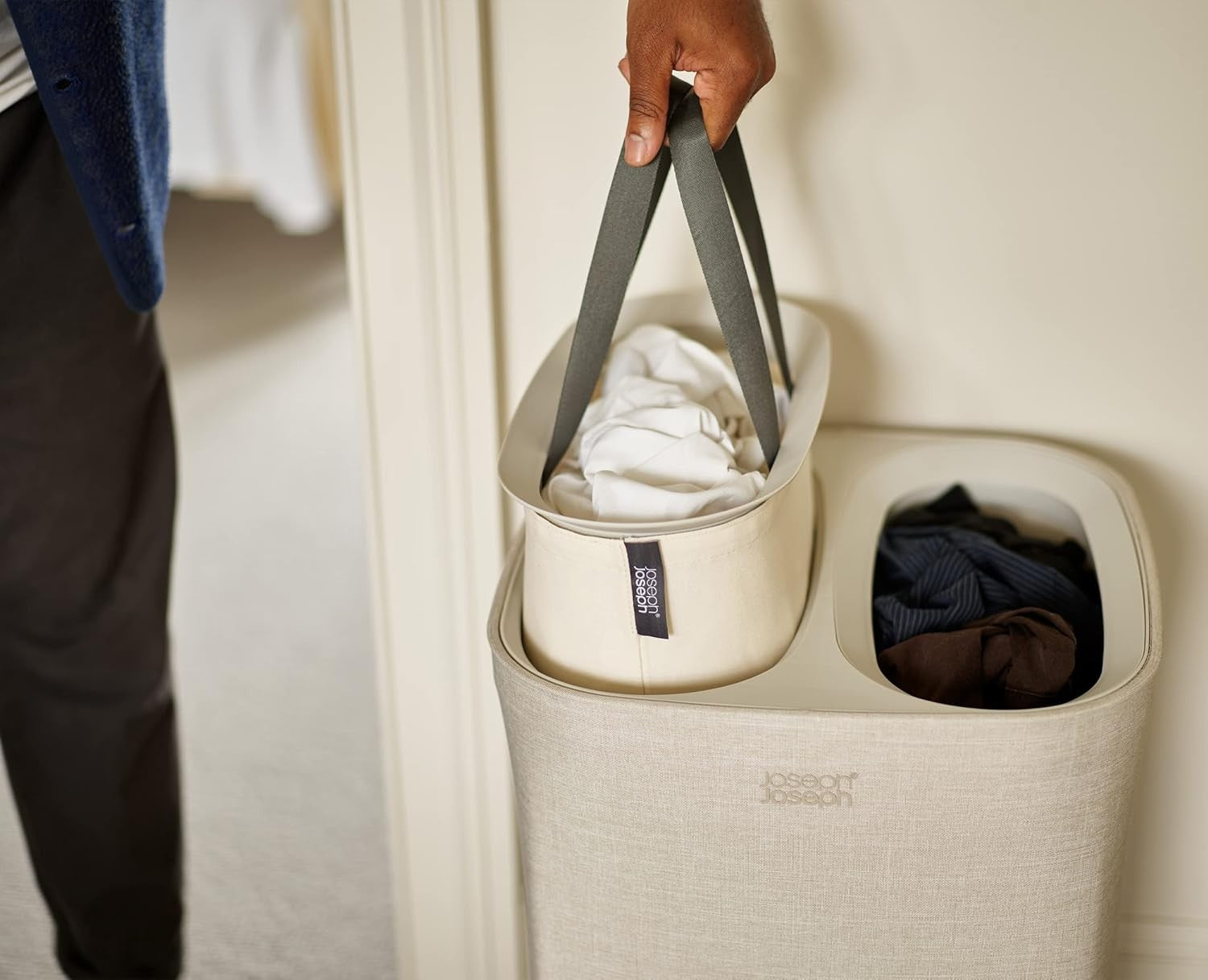 60L Dual Laundry Basket with Lid Removable Washing Bags Modern Ecru Fabric