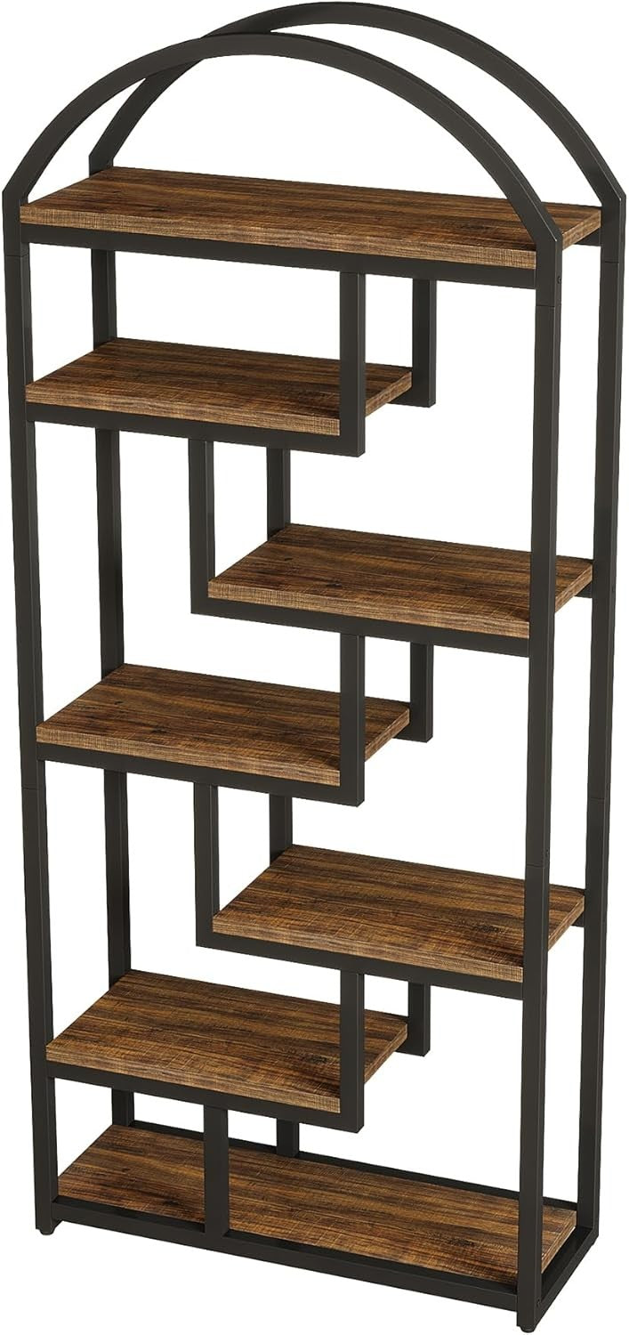 180cm Tall Arch Bookshelf | 7-Tier Rustic Industrial Wood & Metal Display Shelf