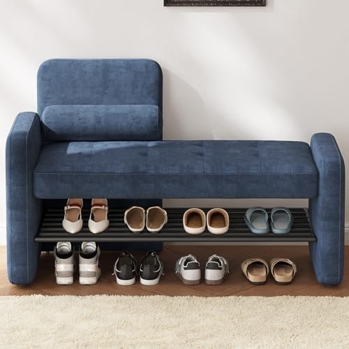 Blue Velvet Shoe Storage Bench with Backrest – Modern Hallway Seat & Rack