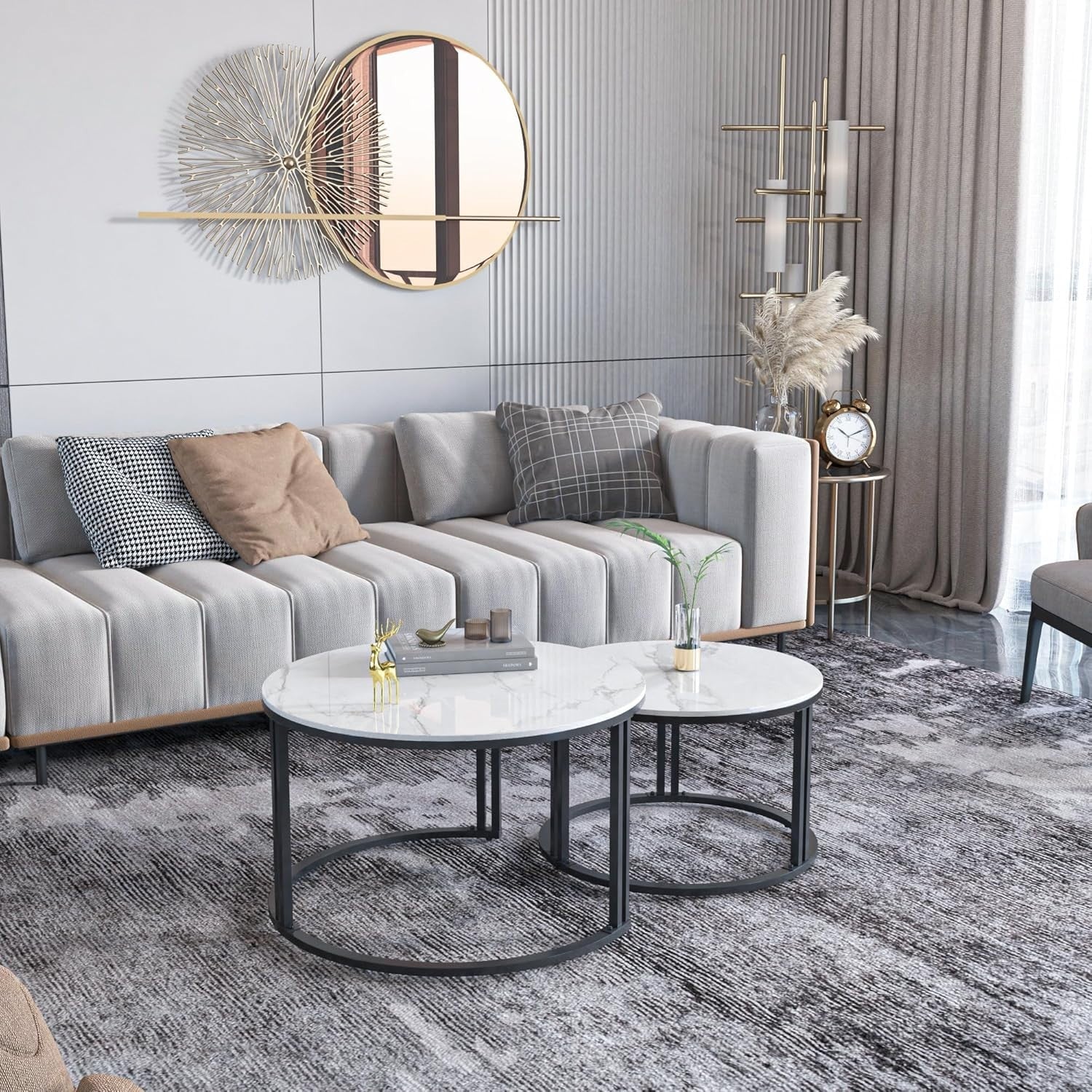 Round Nesting Coffee Table White Sintered Stone Metal Legs Space Saving Luxury