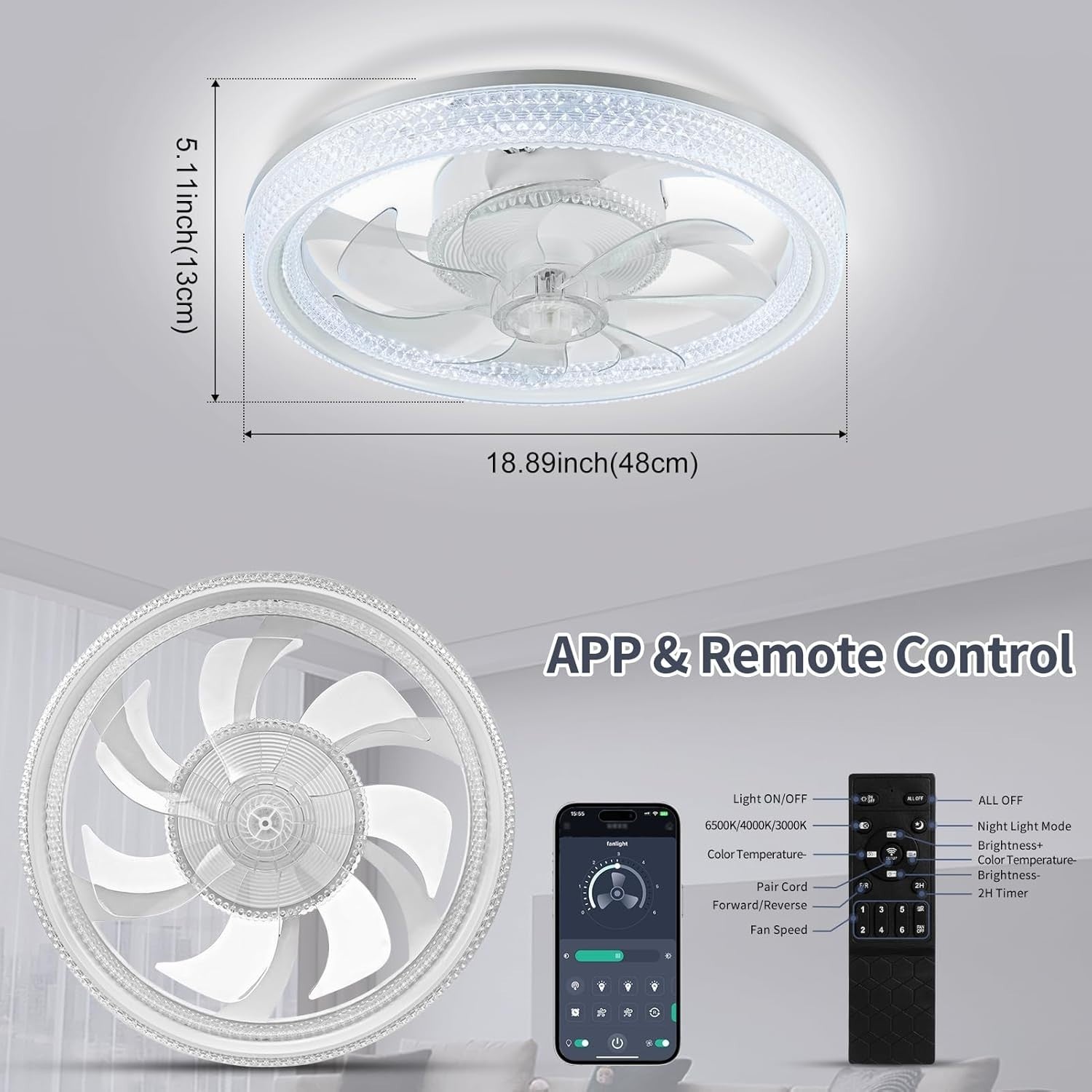 Litglobe 48CM Reversible Ceiling Fan with LED Light, 6-Speed, Dimmable, Quiet