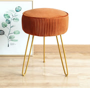 Pumpkin Brown Pleated Velvet Vanity Stool Round Ottoman with Gold Legs