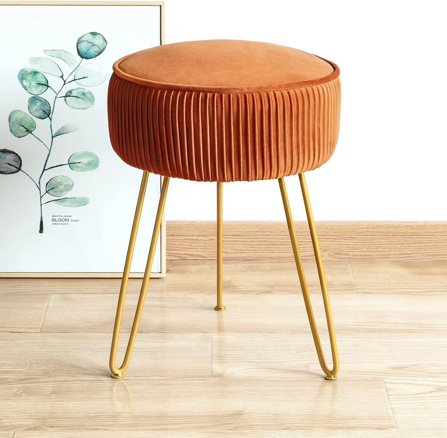 Pumpkin Brown Pleated Velvet Vanity Stool Round Ottoman with Gold Legs