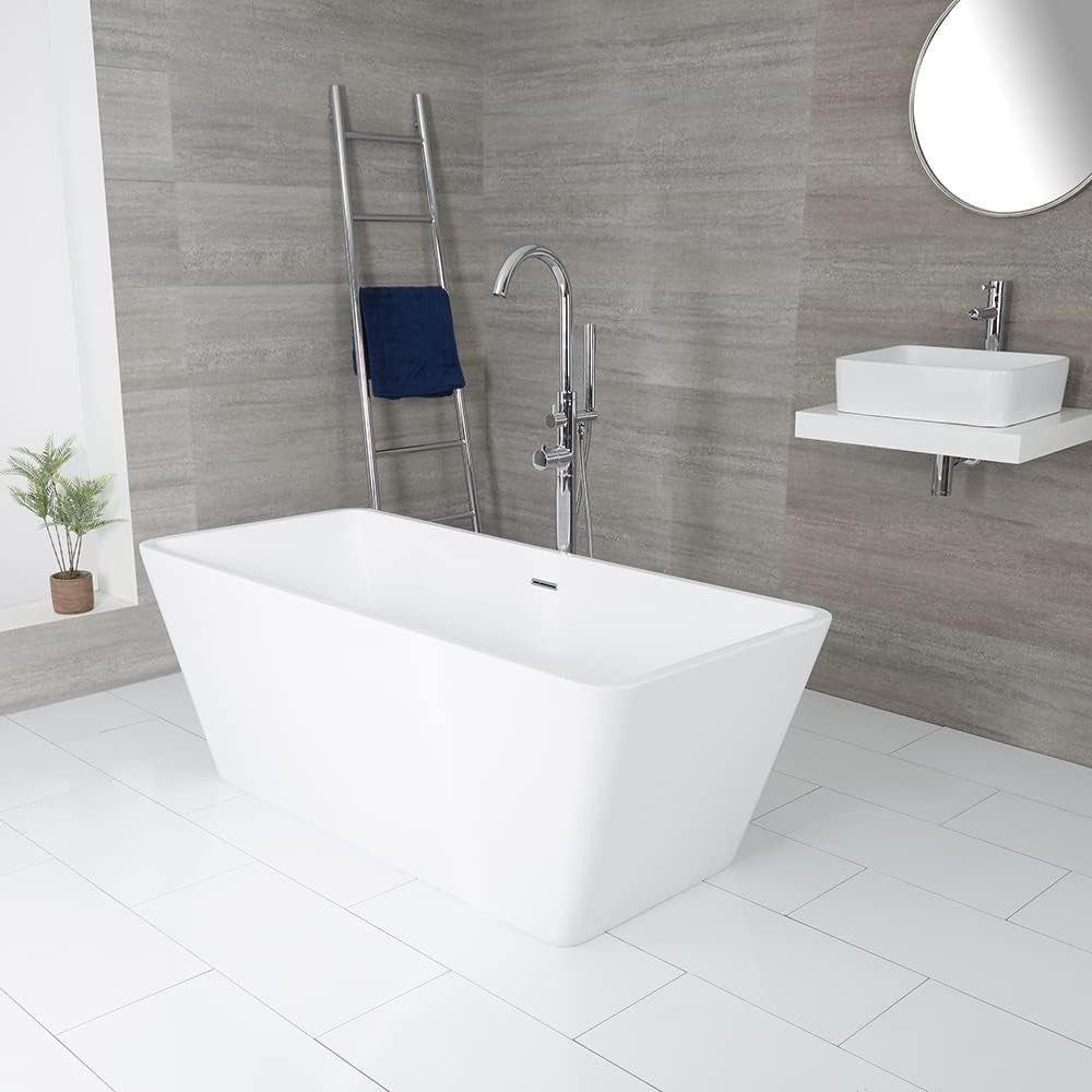 White Freestanding Double Ended Square Bath 1615x720mm Chrome Overflow