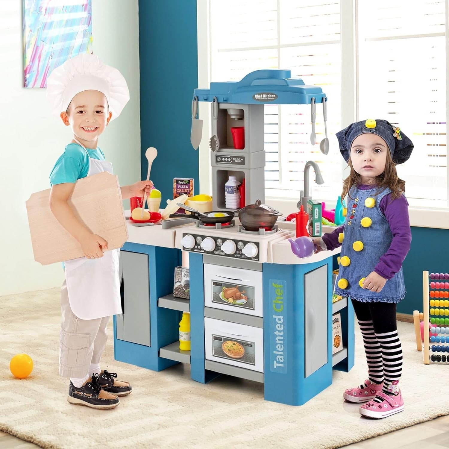 Kids Play Kitchen Blue w/ Lights Sounds Running Water Steam Effects
