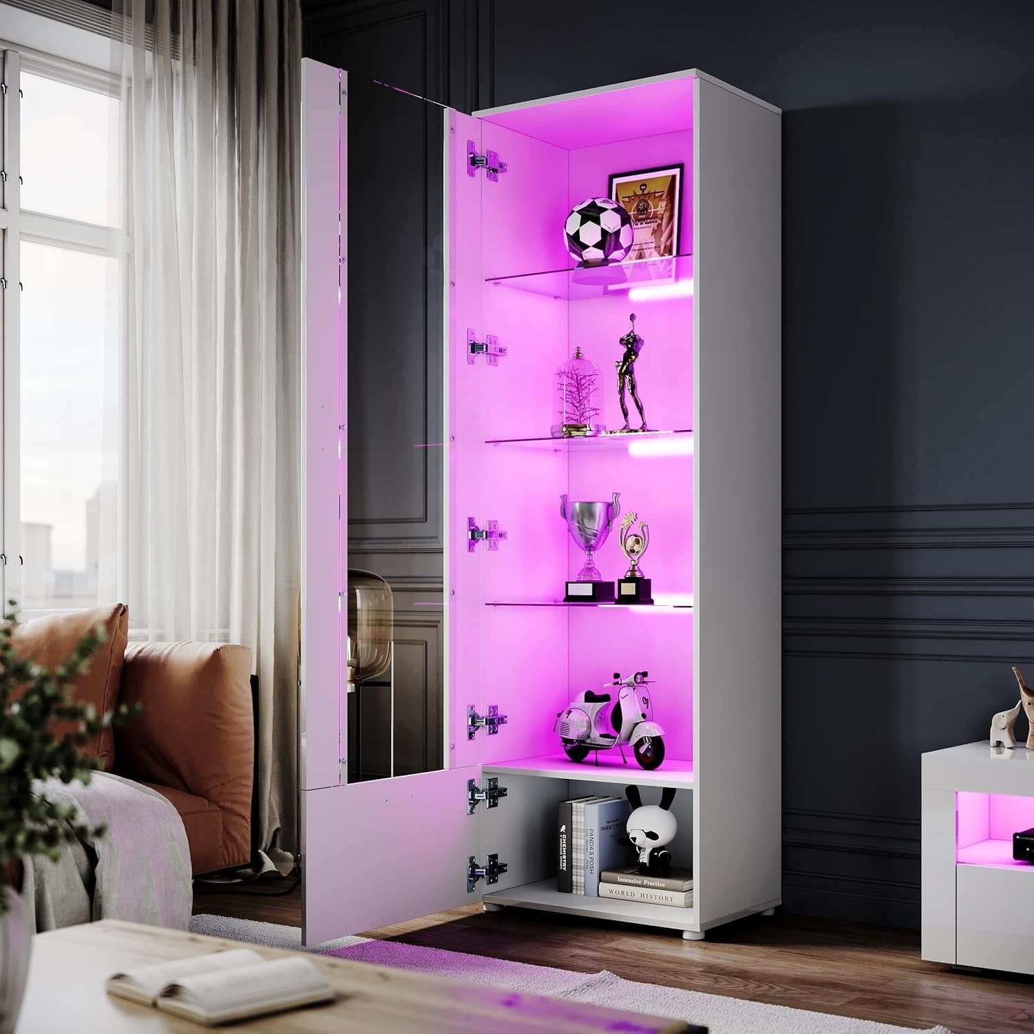 Tall LED Display Cabinet with Glass Shelves, High Gloss Storage Unit White