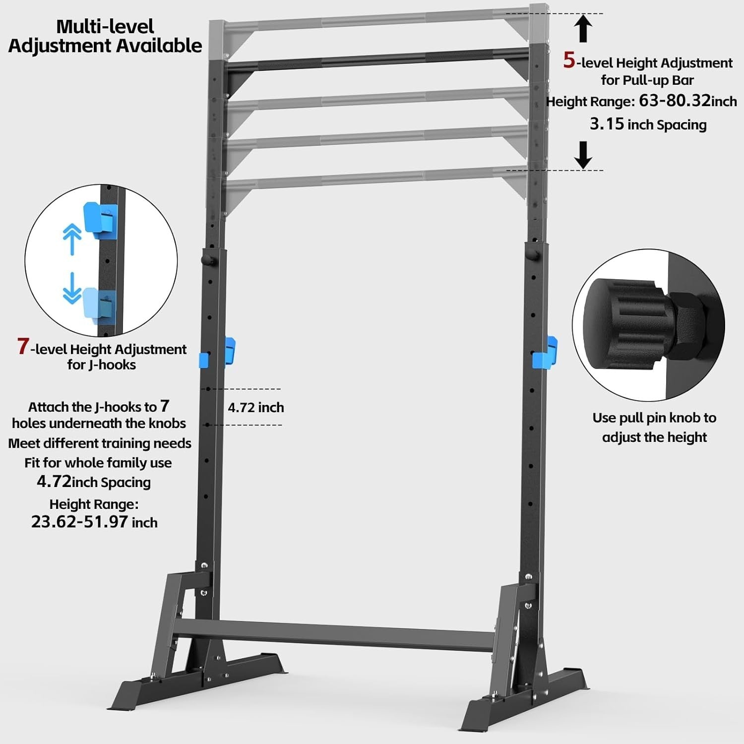 Power Cage Squat Rack Black with Pull Up Bar | Adjustable Home Gym