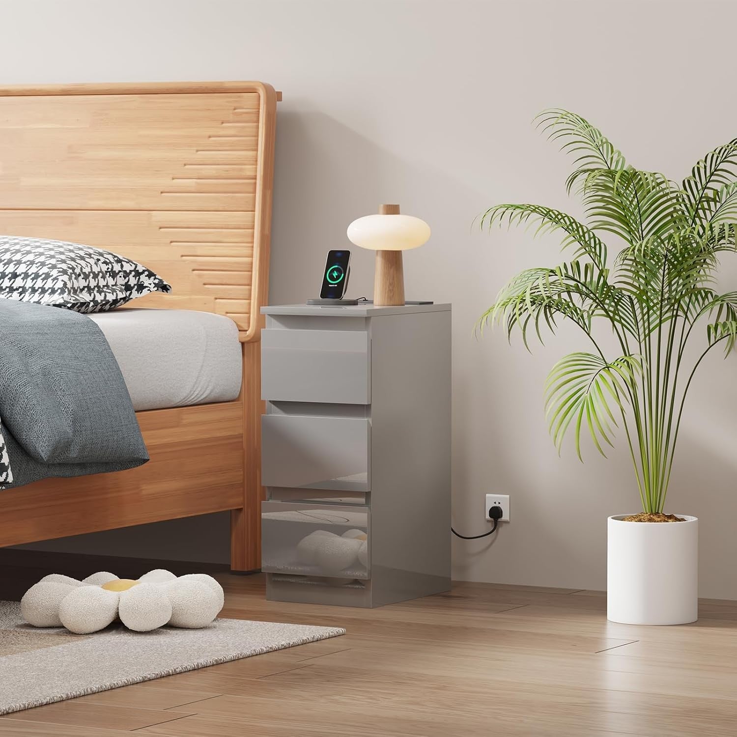 Grey Charging Bedside Table with USB Ports, Slim 3-Drawer Narrow Nightstand