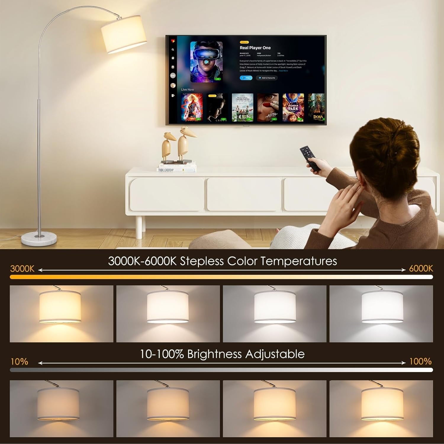 Arc Floor Lamp Silver Remote Dimmable LED Tall Living Room Bedroom Light