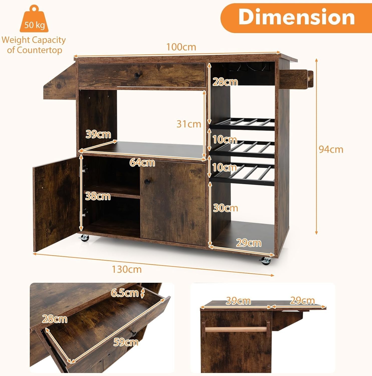 Rolling Kitchen Island Cart with Drop Leaf, Wine Rack & Adjustable Shelves – Rus