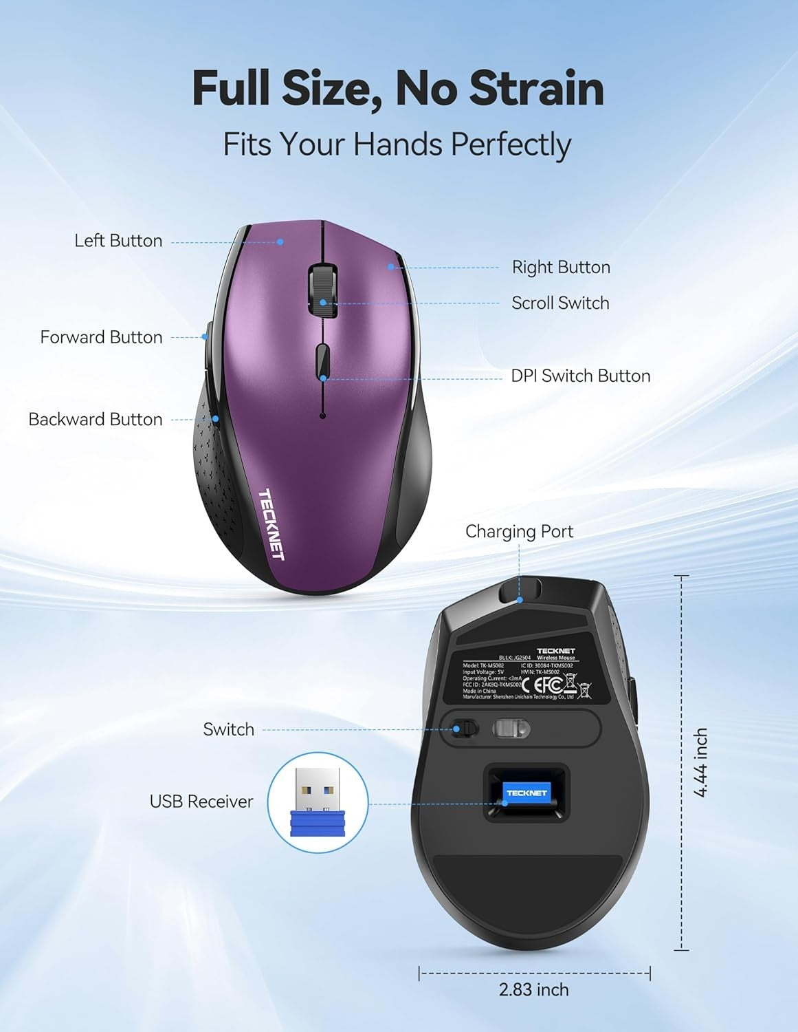 Purple Rechargeable Wireless Mouse 6400 DPI Silent Ergonomic USB Laptop PC