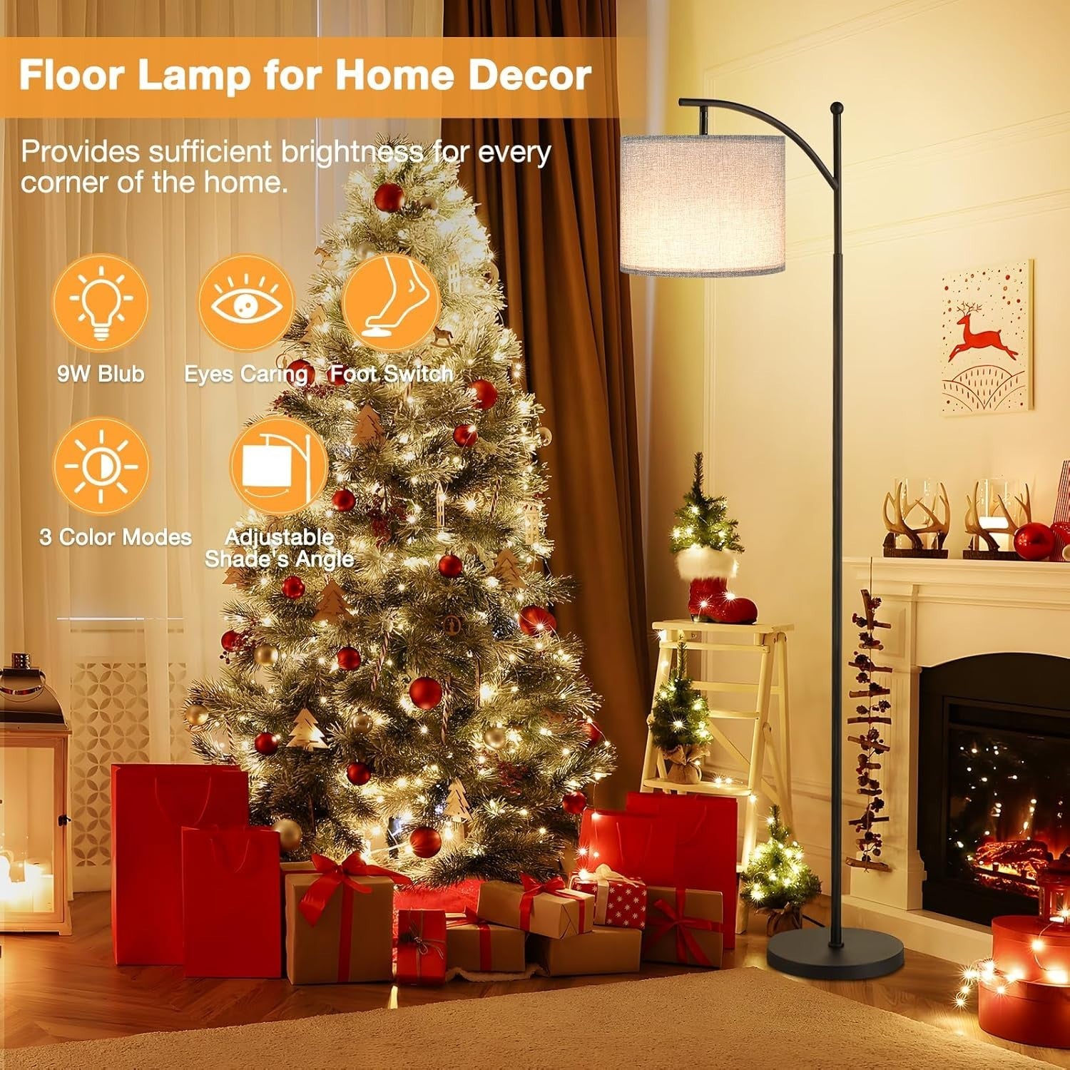 White Floor Lamp 60in Standing Lamp 3 Color Temperatures Foot Switch 9W
