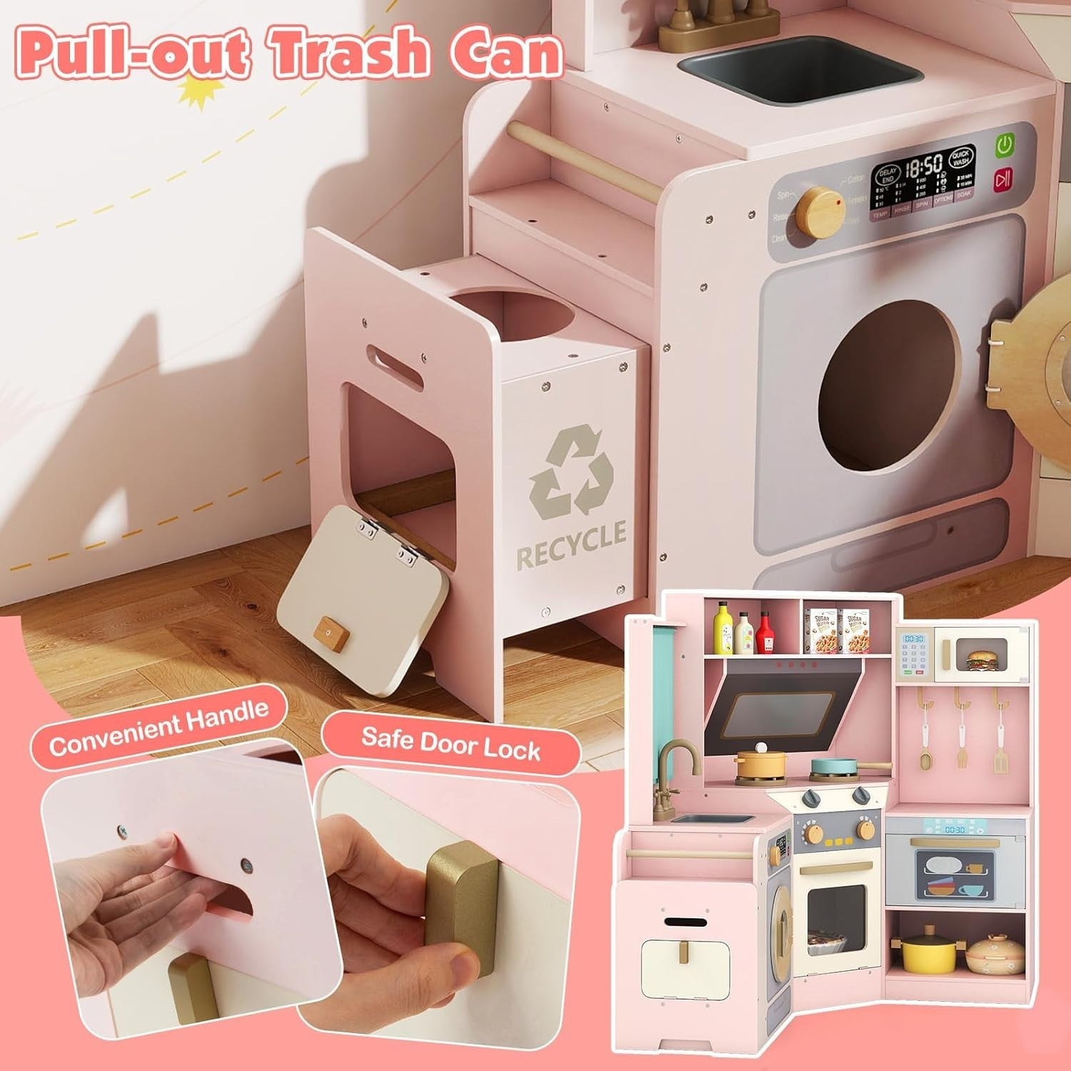 Corner Kids Play Kitchen Lights Sounds Washer Pink Chef Toy