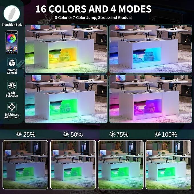 Lift Top LED Coffee Table White Gloss Storage RGB Light Desk Living Room
