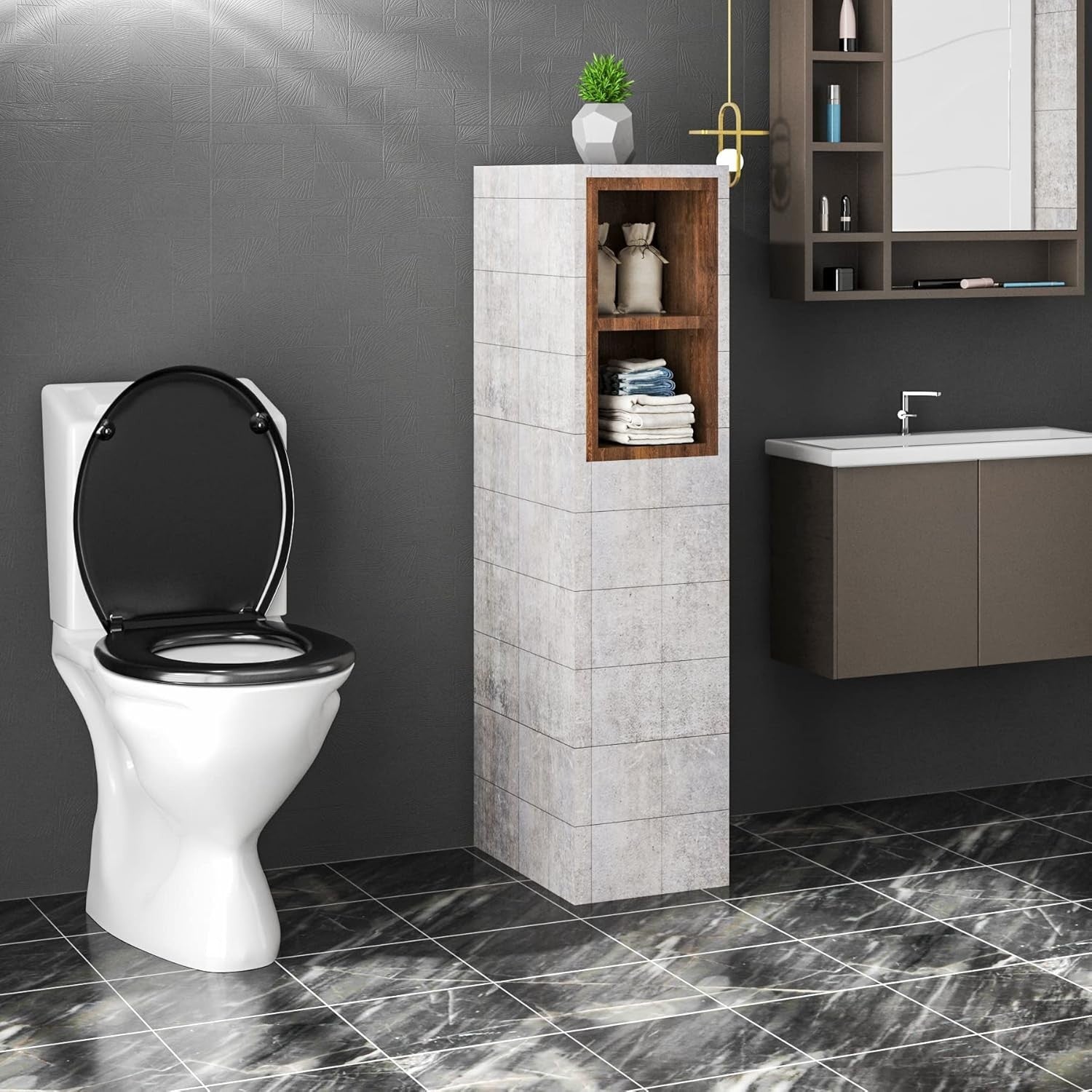 Black Soft Close Toilet Seat O-Shape Duroplast Adjustable Hinges 45x37cm