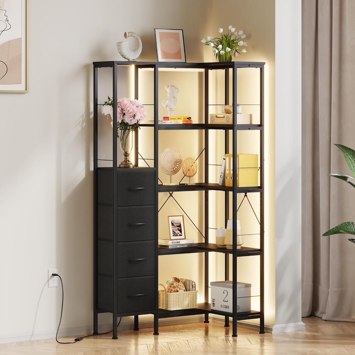 6 Tier Corner Bookcase with LED Lights & Drawers – Modern Storage Shelf Black