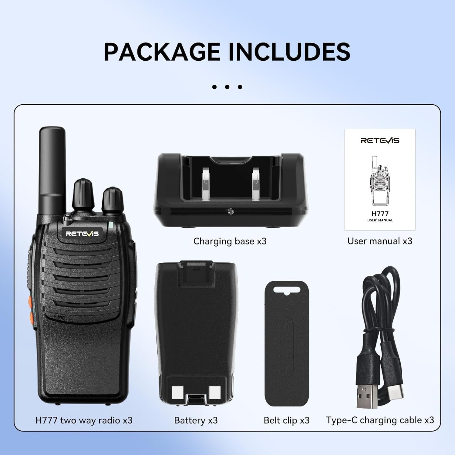 Walkie Talkies 3 Pack Long Range PMR446 USB-C VOX Flashlight Radio