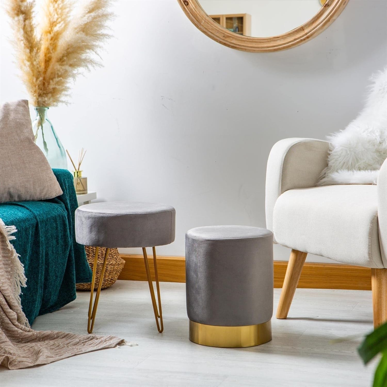 Set of 2 Grey Velvet Footstools Round Pouffe Modern Accent Stools