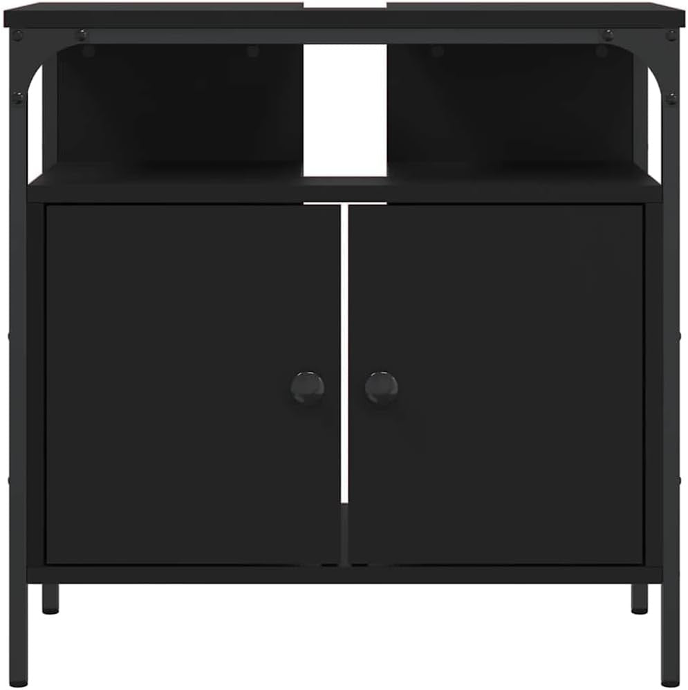 Black Under Sink Bathroom Cabinet 2 Door Vanity Storage Unit with Open Shelf