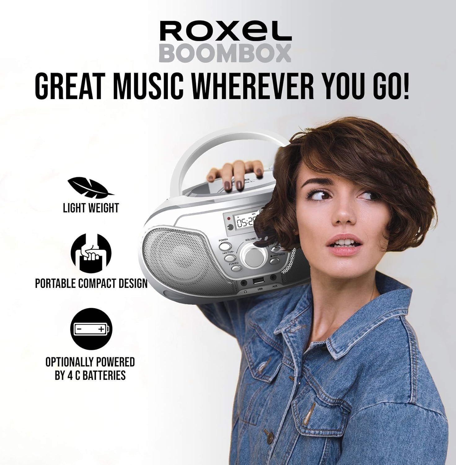 Silver Portable Boombox CD Player Bluetooth FM Radio USB AUX Remote