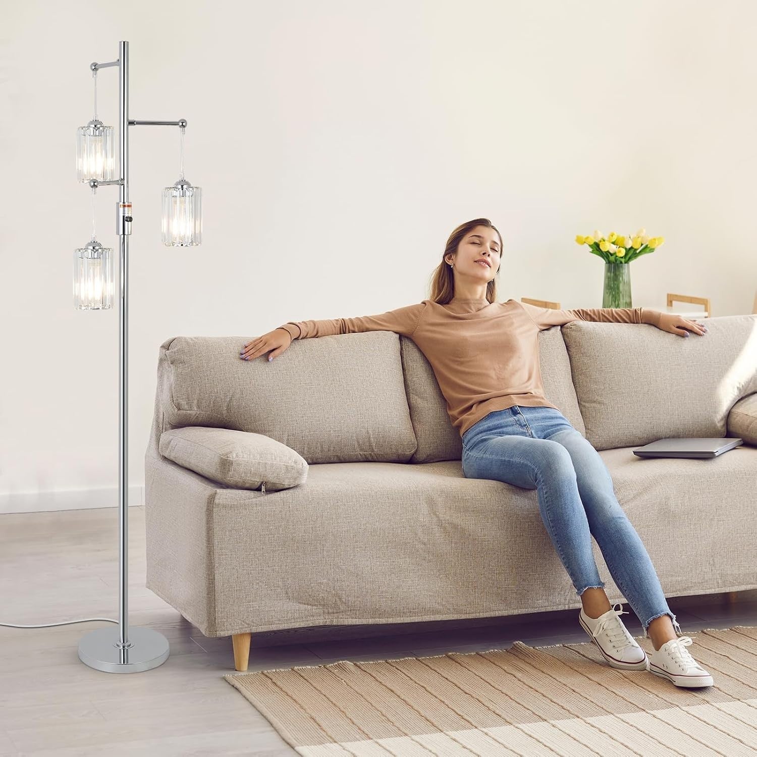 Dimmable 3-Light Floor Lamp Chrome Crystal Shades LED Compatible Tall Lamp