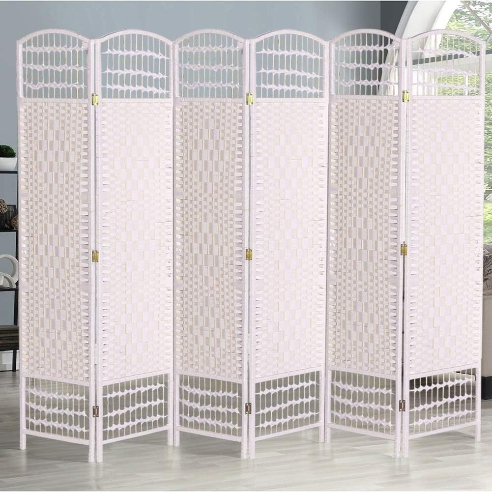 White 6 Panel Wicker Folding Room Divider Handwoven Privacy Screen