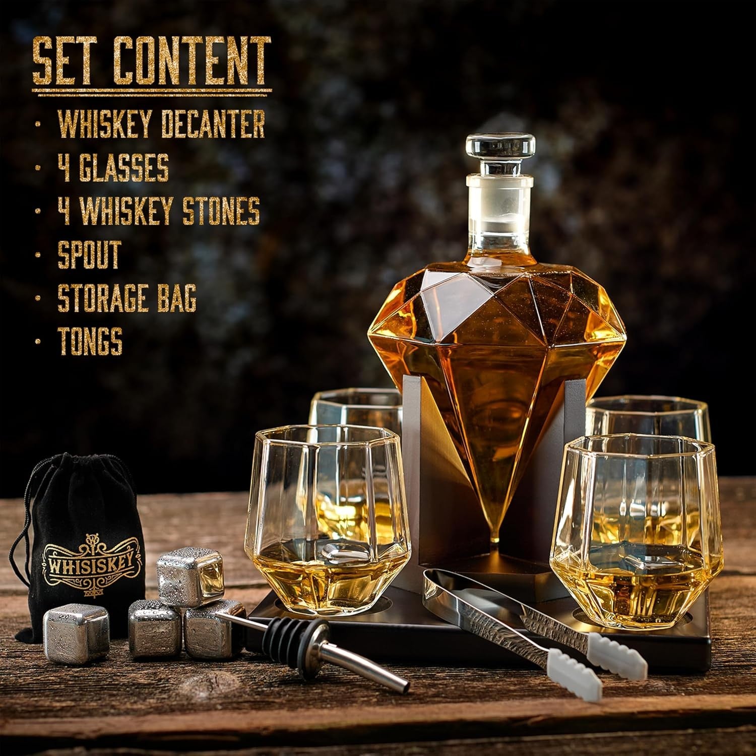 1000ml Diamond Whiskey Decanter Set with 4 Glasses Stones Luxury Men’s Gift Bar