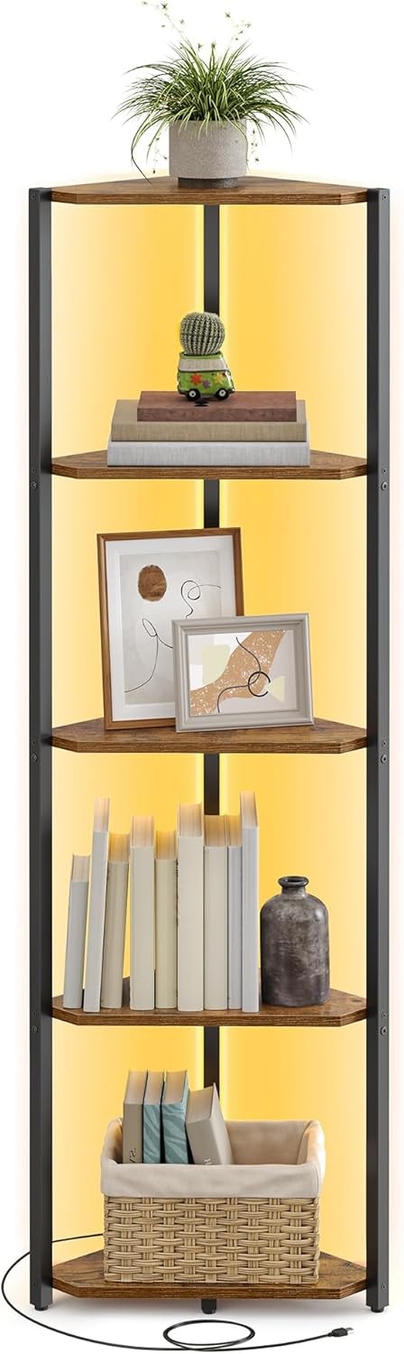 5-Tier LED Corner Shelf Unit Rustic Brown | Slim Space-Saving Display Bookcase