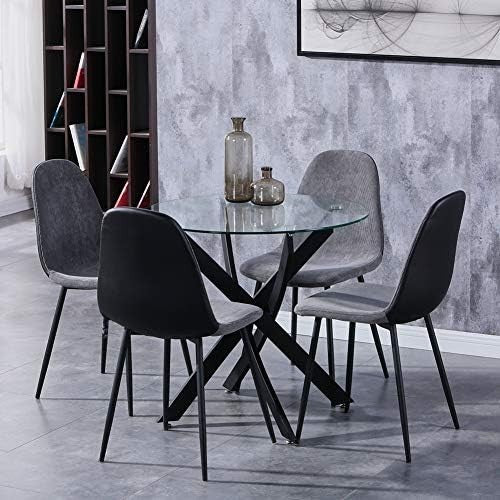 Round Dining Table 80cm Black Metal Legs Tempered Glass Modern Kitchen