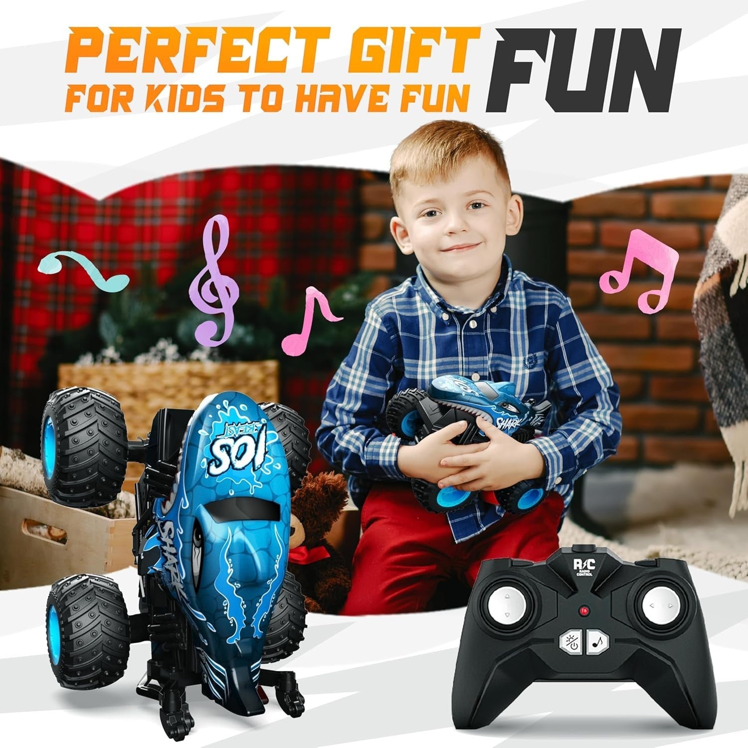 RC Monster Truck for Kids 3–8 – 360° Spin, LED Lights, Music & Wheelie Stunts