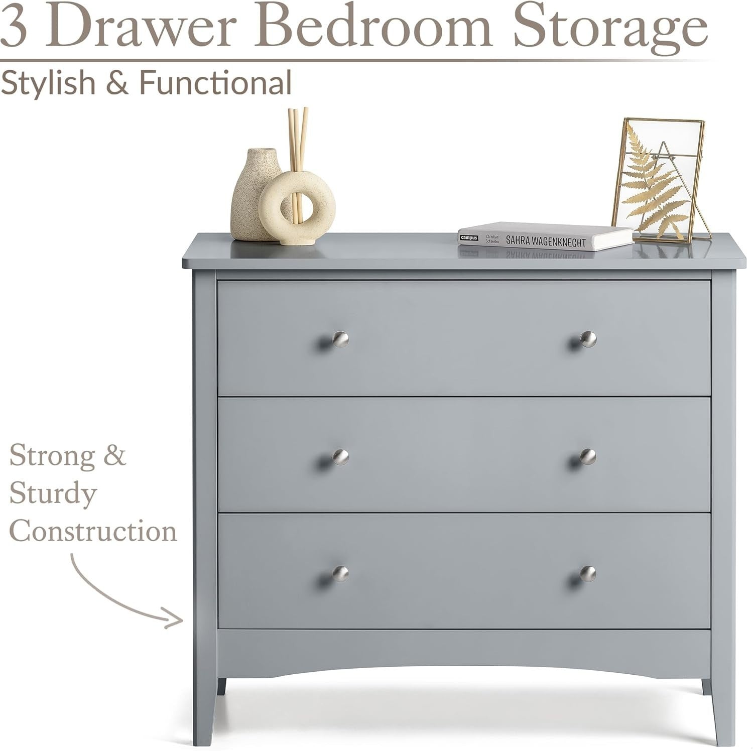 Grey 3 Drawer Chest, MDF Storage Cabinet, Chrome Handles, 80cm Wide