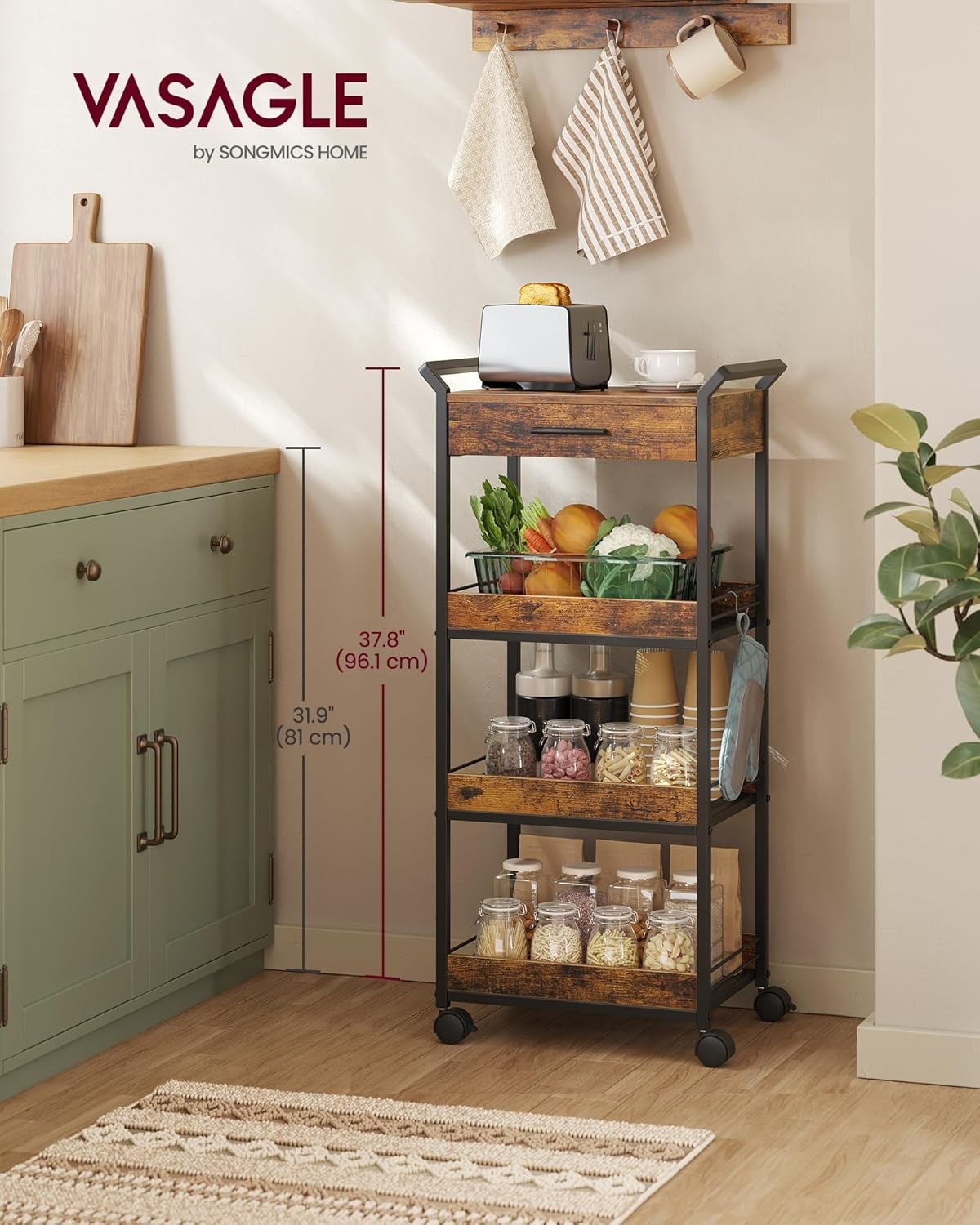 4 Tier Storage Trolley Rolling Cart with Drawer Table Top Mesh Shelves Wheels