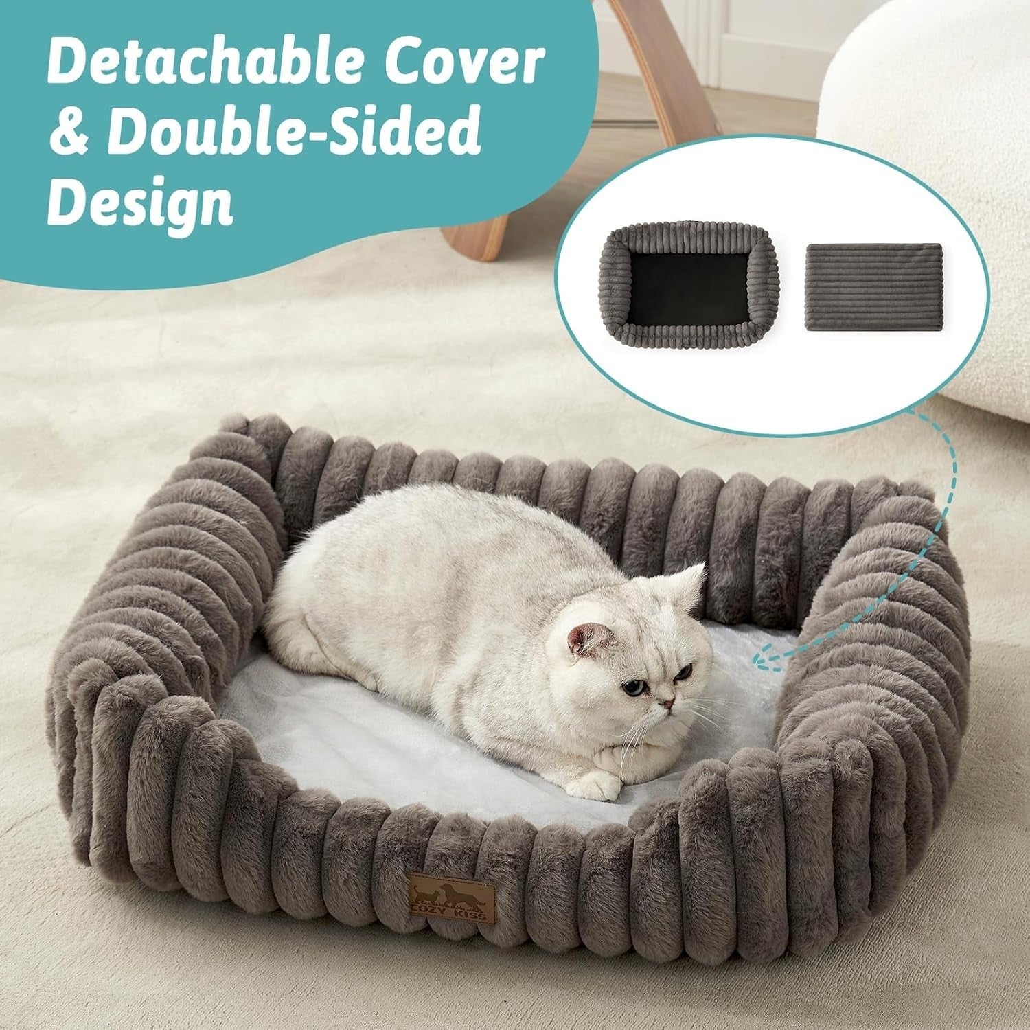 Large Orthopedic Dog Bed Faux Fur Washable 35x25in Grey