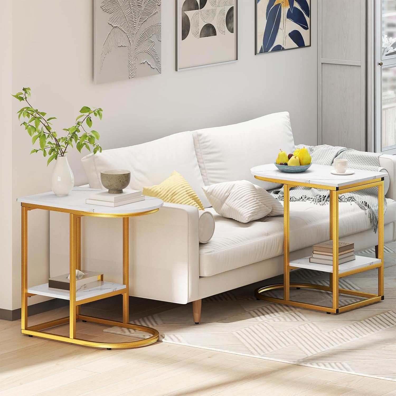 Modern Faux Marble C-Shaped Side Table with Storage Shelf – White & Gold Nightst