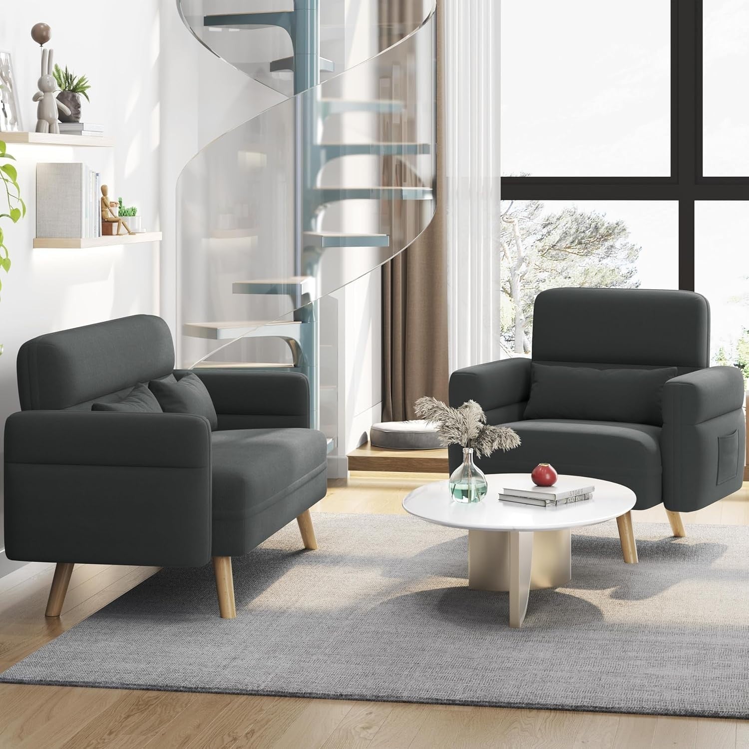 Compact Dark Grey Fabric Armchair with Storage Pockets & Tapered Legs