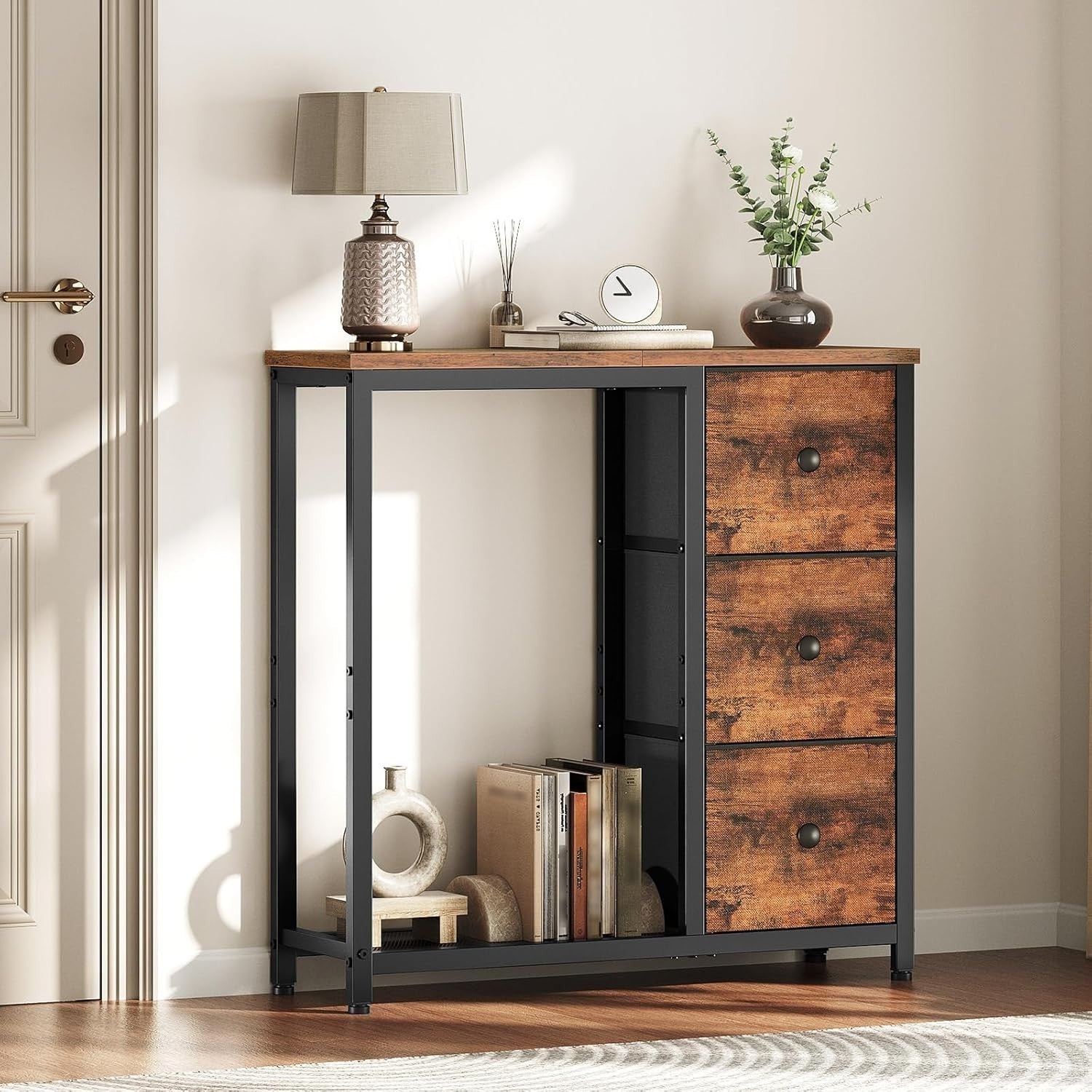 Slim Console Table with 3 Fabric Drawers & 2-Tier Shelf – Rustic Storage