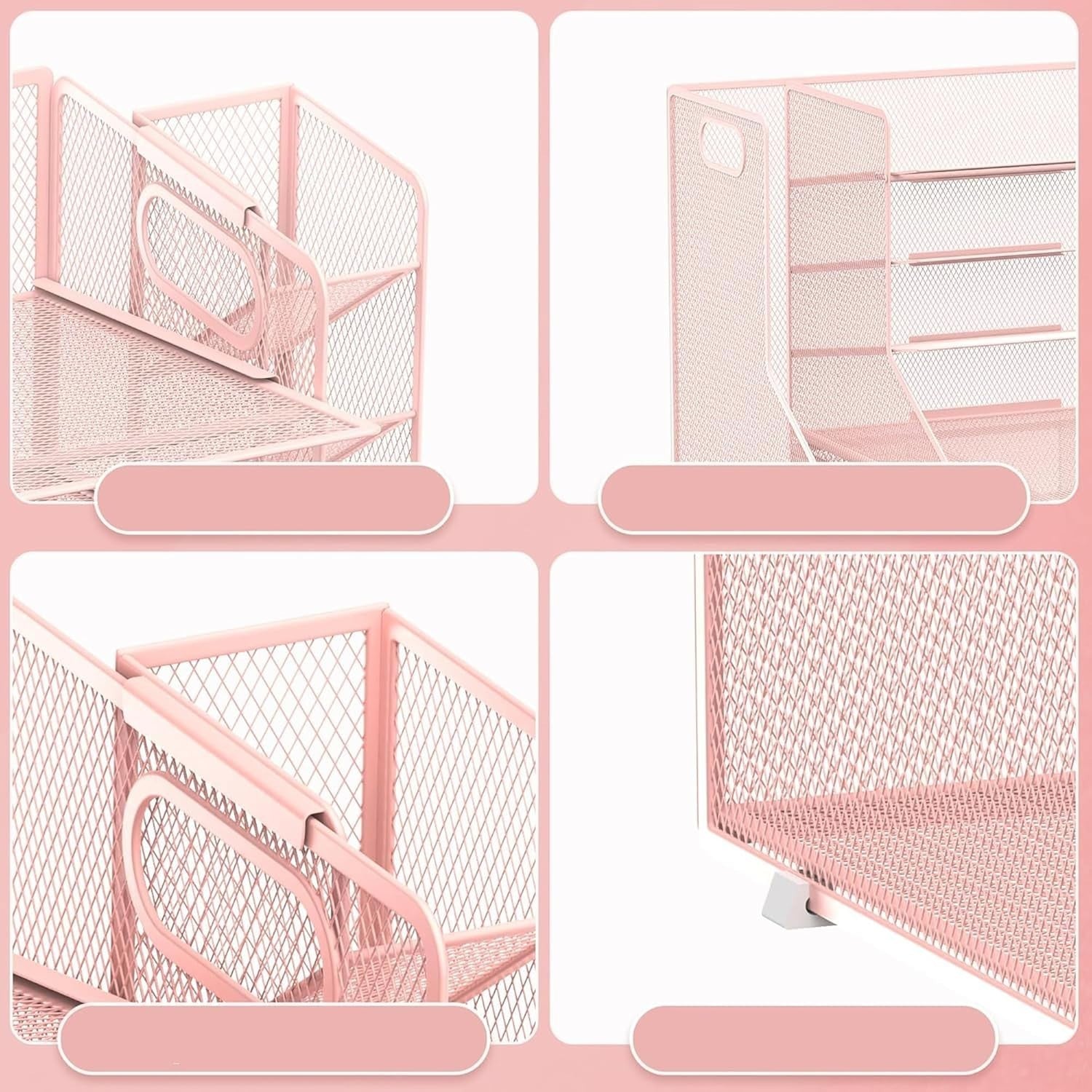 5-Tier Mesh Desk Organiser with File Holder, Pen & Drawer – Pink