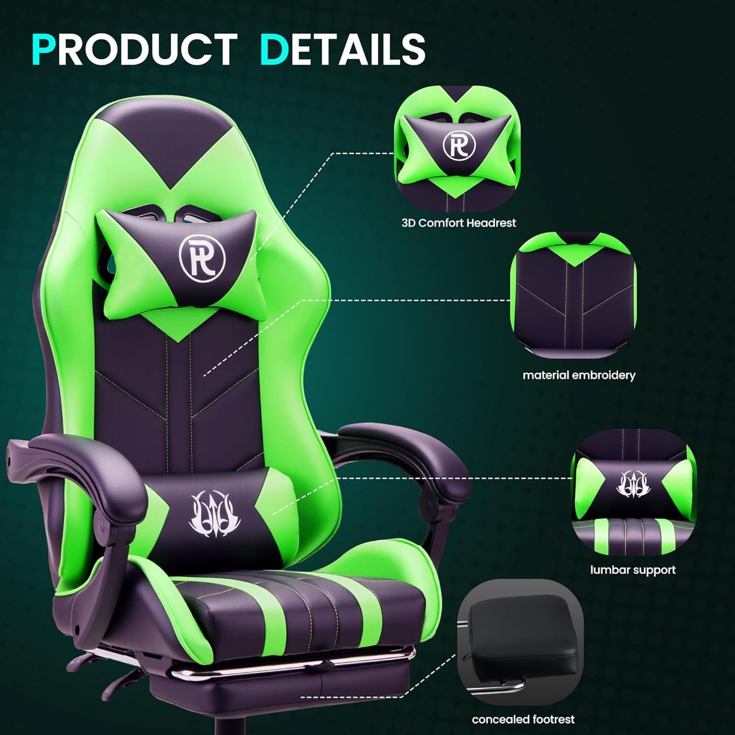 Ergonomic Gaming Chair with Footrest & Lumbar Support – Green PC Seat