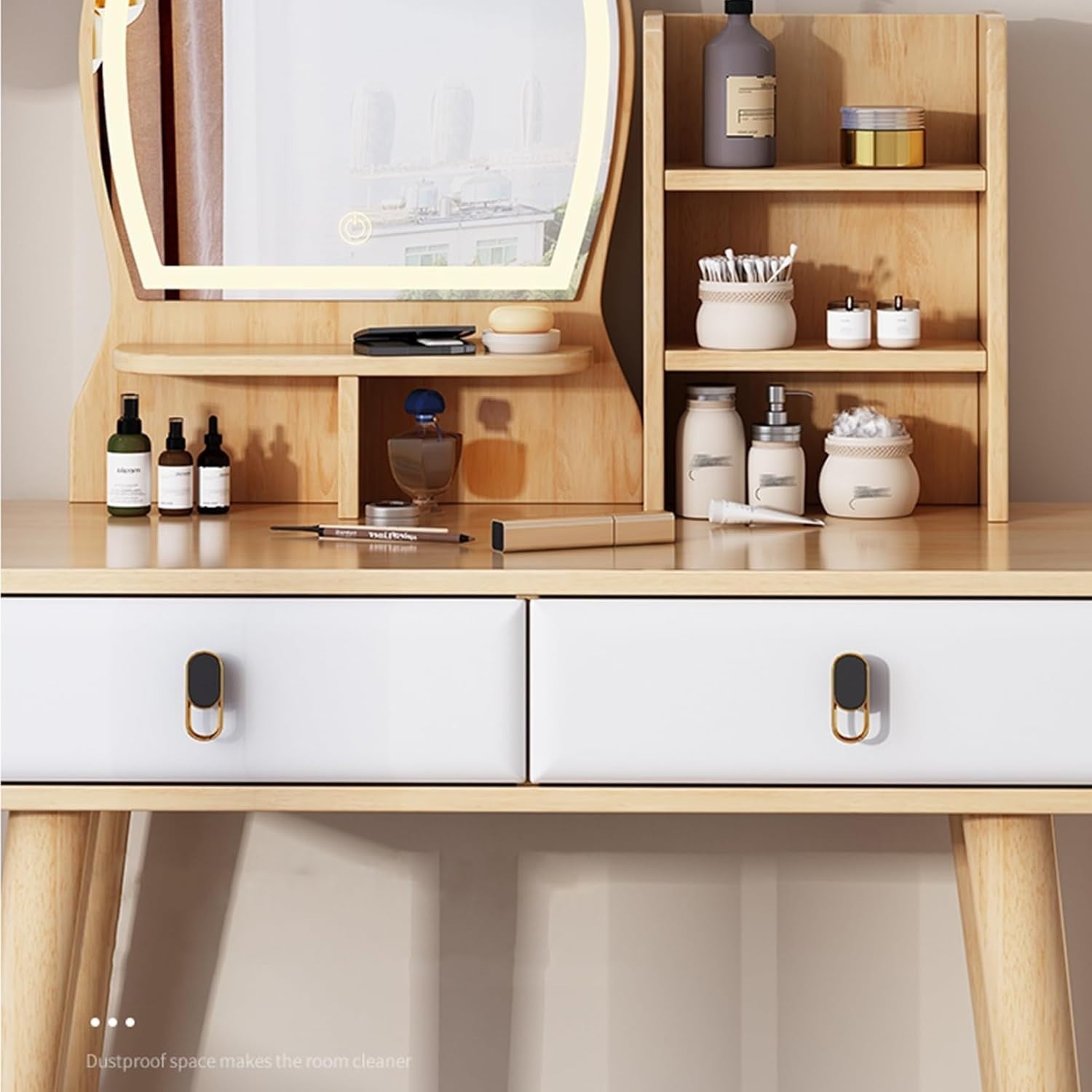 Modern Wood Vanity Makeup Table Dresser Desk with Stool Mirror 2 Drawers