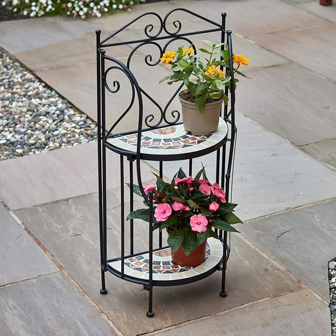 Metal Mosaic Plant Stand Black Garden Flower Display Shelf Indoor Outdoor