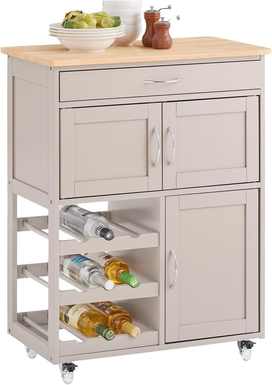 Mobile Kitchen Island Trolley with Wine Rack, Drawer & Lockable Wheels